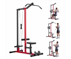 Nugaros traukos treniruoklis krūtinei ir tricepsams, „du viename“ skriemulinis treniruoklis su reguliuojama sėdyne ir putplasčio ritinėliais, nugaros traukos bokštas namų sporto salei