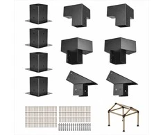 Pavėsinės rinkinys, smailiastogio stogo laikikliai 92 x 92 mm sijoms, 14 dalių komplektas su stulpų pagrindais ir kraigo laikikliais, lauko pavėsinės stoginės montavimo rinkinys