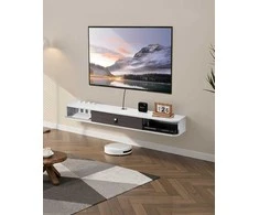 Plaukiojantis TV staliukas 55 colių, sieninis pramogų centras, moderni TV lentyna su saugykla, balta konsolė DVD grotuvui