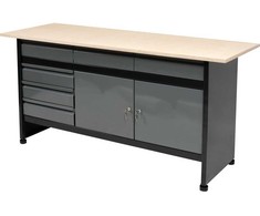 Plieninis darbastalis, tvirtas dirbtuvių stalas, įrankių laikymo spintelė, 1700 x 600mm darbastalis, garažo darbo vieta, faneros stalviršis