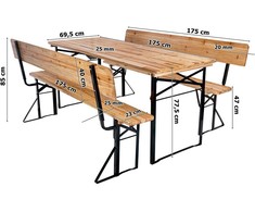 Plieninis ir medinis lauko baldų komplektas, stalas ir 2 suolai su atlošais, 175 cm, sulankstomas, alaus sodui, terasai, piknikui