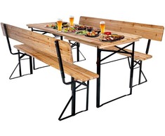 Plieninis ir medinis lauko baldų komplektas, stalas ir 2 suolai su atlošais, 175 cm, sulankstomas, alaus sodui, terasai, piknikui