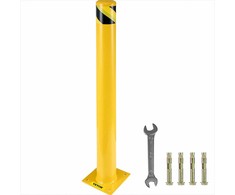 Plieninis saugos stulpelis eismui jautrioms zonoms, geltonas miltelinis dažymas, sandarus pagrindas, 106.6 cm aukštis, apsauginis barjeras, stovėjimo aikštelės stulpas, eismo ribotuvas
