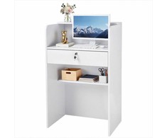 Priimamojo stalas atsiskaitymui, fojė, grožio salonui ir biurui, 60 cm stačiakampis modernus dizainas su stalčiumi, mažas minimalistinis prekystalis, balta parduotuvės kasa, registratūros baldai