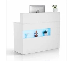 Priimamojo stalas su LED apšvietimu, 2 stalčiais ir maitinimo lizdais, stačiakampis prekystalis biurui, fojė, grožio salonui ir kasai, baltas, registratūros baldai