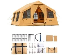 Pripučiama Kempingo Palapinė 8-12 Žmonių, Glamping Palapinė su Pompa, Lengvas Surinkimas, Geltona Poliesterio Medvilnės Palapinė, Šeimos Palapinė, Kelioninė Palapinė