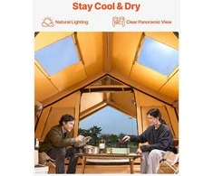 Pripučiama Kempingo Palapinė 8-12 Žmonių, Glamping Palapinė su Pompa, Lengvas Surinkimas, Geltona Poliesterio Medvilnės Palapinė, Šeimos Palapinė, Kelioninė Palapinė