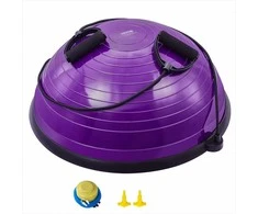 Pusinis pusiausvyros treniruoklis, 620 mm balanso kamuolys su pasipriešinimo gumomis ir pompa, 300 kg stabilumo kamuolys, violetinis jogos ir jėgos fitneso treniruoklis namams