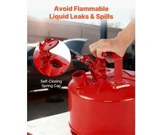 Raudonas saugus degalų kanistras 9.5 l benzino laikymui, sandarus savaime užsidarantis dangtelis, nerūdijančio plieno liepsnos slopintuvas, ergonomiška rankena, nešiojama kuro talpykla, metalinis bakas