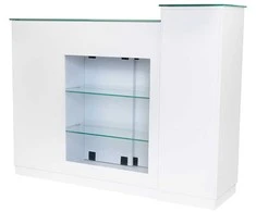 Registratūros stalas salonams, modernus registratūros prekystalis, elegantiškas priekinis stalas, komerciniai registratūros baldai, laukiamojo stalas