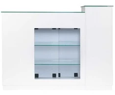 Registratūros stalas salonams, modernus registratūros prekystalis, elegantiškas priekinis stalas, komerciniai registratūros baldai, laukiamojo stalas