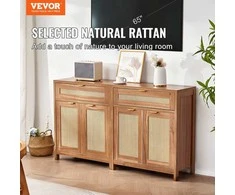 Rotango spintelių komplektas (2 vnt.), 4 durys, 2 stalčiai, reguliuojamos lentynos, natūrali komoda, indauja, prieškambario spintelė