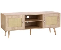 Rotango TV staliukas 1397 mm (55 colių) televizoriui, boho stiliaus, su reguliuojamomis lentynomis, ąžuolo spalvos