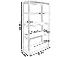 Sandėliavimo stelažas, 5 lentynos, juodas, 150x75x30 cm, 625 kg, lentynų blokas, garažo lentynos, metalinis stelažas, sandėliavimo lentynos