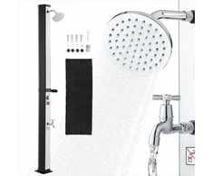 Saulės energija šildomas lauko dušas, su kojų čiaupu ir muilo dėžutės laikikliu, kiemui prie baseino ir paplūdimiui, pastatomas dušas, juodas sidabrinis, sodo dušas
