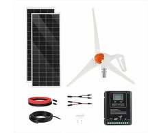 Saulės ir vėjo energijos rinkinys 12V 400W: 2 vnt. 100W saulės kolektoriai, 200W vėjo turbina ir MPPT hibridinis valdiklis namams, kemperiams, valtims, autonominėms sistemoms