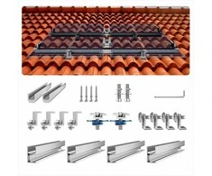 Saulės kolektorių montavimo rinkinys su reguliuojamais gnybtais, aliuminio bėgiai stogo montavimui, ventiliaciją gerinantis saulės modulių laikiklis, fotovoltinės sistemos tvirtinimas