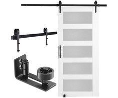 Slankiojančios tvarto durys su furnitūra, medienos ir matinio stiklo, 106.7 x 213.4 cm, eglės medienos, sklandžiai slankiojančios, stumdomos, lofto durys