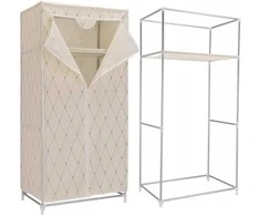 Smėlio spalvos tekstilinė spinta, lengvai surenkama, drabužių laikymo spintelė 75 cm, lengva, nešiojama, talpi