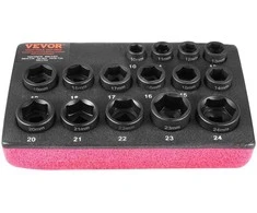Smūginių galvučių komplektas 15vnt 3/8", 6-kampės, 10-24mm, auto remontui, galvutės, įrankių rinkinys