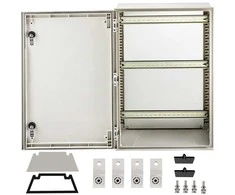 Stiklo pluošto elektros dėžutė lauko darbams, 60x40x23 cm, IP66 vandeniui atspari, hermetiška, su montavimo plokšte, NEMA plieno korpusas, jungiamųjų dėžių, paskirstymo dėžutė