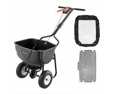 Stumdomas barstytuvas sėkloms ir trąšoms, 27.2kg talpa su bunkerio grotelėmis, stumiamas vejos barstytuvas, sodo barstytuvas, pneumatinės padangos, druskos barstymo įranga