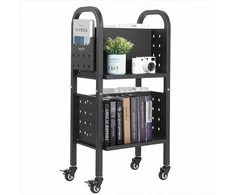 Stumdomas bibliotekos knygų vežimėlis su dvipusėmis L formos lentynomis, 70 kg galia, užfiksuojami ratukai biurui ir mokyklai, metalinė lentyna