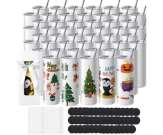 Sublimacijos stiklinės 50 vnt., 20 oz nerūdijančio plieno, dvigubos sienelės, su šiaudeliu, dangteliu, šepetėliu, pagrindu, termo plėvele, dovanų dėžute - Termo puodeliai, Gertuvės, Dovanoms