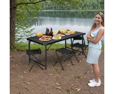 Sulankstomas kempingo stalas su 4 kėdėmis, reguliuojamo aukščio, juodos medienos spalvos, pikniko stalas, turistinis stalas, iškylams