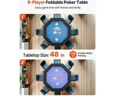 Sulankstomas pokerio stalas 8 žaidėjams, su puodelių laikikliais, aštuonkampis kazino žaidimų stalas, nešiojamas veltinio Texas Hold'em stalas