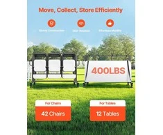 Sulankstomų kėdžių vežimėlis 42 kėdėms arba 12 stalams, su stabdžiais, tvirtas, skirtas kėdžių ir stalų transportavimui