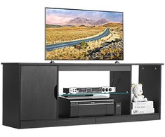 TV staliukas iki 165 cm televizoriams, modernus TV komoda su stiklinėmis lentynomis, LED apšvietimu, pramogų centras, konsolė