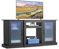 TV staliukas Medinis TV stovas televizoriams iki 1651 mm, modernus pramogų centras su LED šviesomis, juoda TV spintelė su stiklinėmis durelėmis