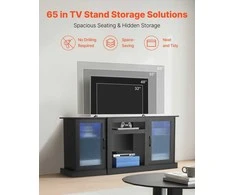 TV staliukas Medinis TV stovas televizoriams iki 1651 mm, modernus pramogų centras su LED šviesomis, juoda TV spintelė su stiklinėmis durelėmis