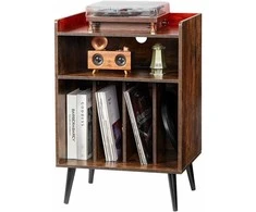 TV staliukas Vinilinių plokštelių grotuvo stovas, 3 pakopų patefono laikymo spintelė, 150 albumų talpa, su LED lemputėmis ir USB įkrovimu
