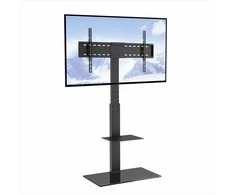 TV stovas 81–216 cm televizoriams, pasukamas ir reguliuojamo aukščio grindų laikiklis su grūdinto stiklo pagrindu, universalus nešiojamas TV laikiklis miegamajam ir svetainei