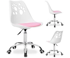 Vaikiška besisukanti kėdutė su ratukais, rožinė/balta, ergonomiška, katės letenėlės raštas, patogi, reguliuojama, mokyklinė