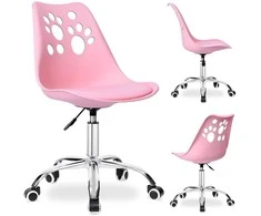 Vaikiška sukamoji kėdė ant ratukų, rožinė, reguliuojamo aukščio, ergonomiška, su katės letenėlių raštu, biuro kėdė, kompiuterio kėdė, rašomojo stalo kėdė