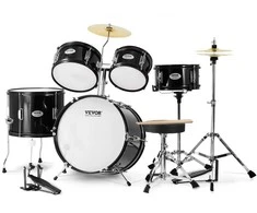 Vaikiškas 5 dalių būgnų rinkinys pradedantiesiems, juodas vaikiškas būgnų rinkinys, jaunių būgnų rinkinys, vaikiškas muzikos instrumentas