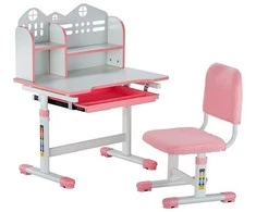 Vaikiškas mokomasis stalas ir kėdės komplektas, reguliuojamo aukščio, rožinis vaikiškas stalas su knygų lentyna, ergonomiškas mokinio stalas