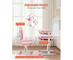 Vaikiškas mokomasis stalas ir kėdės komplektas, reguliuojamo aukščio, su knygų lentyna ir stalčiumi, rožinis vaikiškas stalas, ergonomiškas vaikiškas stalas