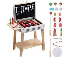 Vaikų BBQ Grilio Žaislų Rinkinys, 21 Dalis, Medinis, su Garsu, Žaislinis Grilis, Virtuvėlės Reikmenys, Maisto Gaminimo Žaislas