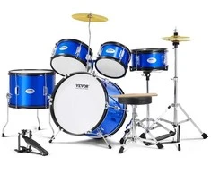 Vaikų būgnų komplektas, 5 dalių, 16 colių, pradedantiesiems, mėlynas, su kėdute, muzikos instrumentas, būgnai vaikams, mušamųjų rinkinys