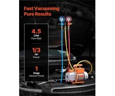 Vakuuminio siurblio ir matuoklių rinkinys automobilių ŠVOK kondicionieriams, 4.5 CFM 127 L/min vienpakopis rotacinis, ŠVOK vakuuminio siurblio komplektas, freono pildymo įranga