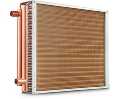 Vandens-oro šilumokaitis, 45.72 x 50.8 cm plokštės plotas, 3 eilių variniai antgaliai, 242 pelekų šilumokaitis
