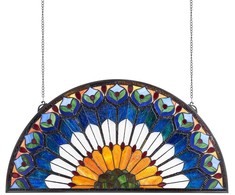 Vitražinis lango skydelis, Tiffany stiliaus pakabinamas langas, dekoratyvinis stiklo intarpas, vintažinis vitražo dekoras, pusapvalis vitražo skydelis