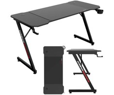 Žaidimų stalas 140 cm su kilimėliu, puodelio laikikliu, ausinių kabliu, juodas kompiuterio stalas, ergonomiška žaidimų stotis, PC stalas, konsolės stalas