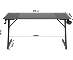 Žaidimų stalas 140 cm su kilimėliu, puodelio laikikliu, ausinių kabliu, juodas kompiuterio stalas, ergonomiška žaidimų stotis, PC stalas, konsolės stalas