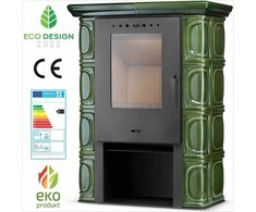 Žaliai plytelėmis dengta malkinė krosnelė, laisvai pastatomas židinys, atitinkantis ECO dizainą 2022, efektyvus namų šildymas, ketaus krosnelė