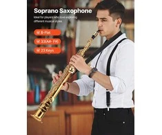 Žalvarinis sopraninis saksofonas Bb, pradedantiesiems, 23 klavišų, solo ir džiazo atlikimui, patvarus elektroforezinis padengimas, pučiamasis instrumentas, saksas